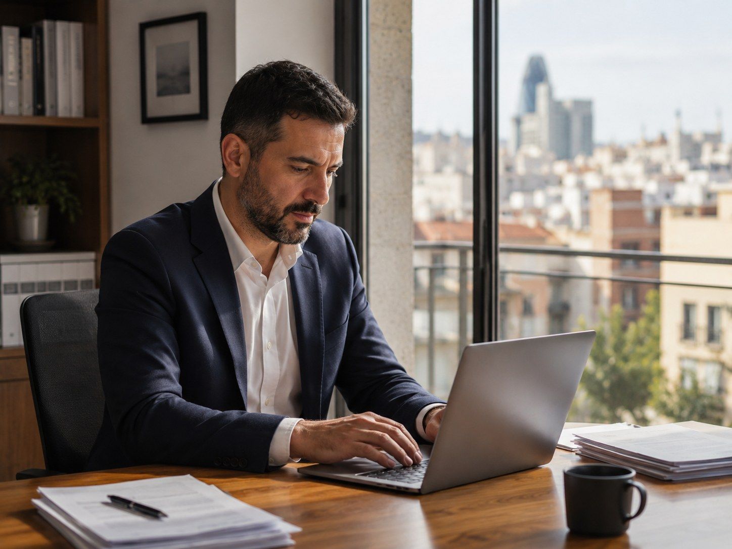 Profesional trabajando con Barcelona al fondo