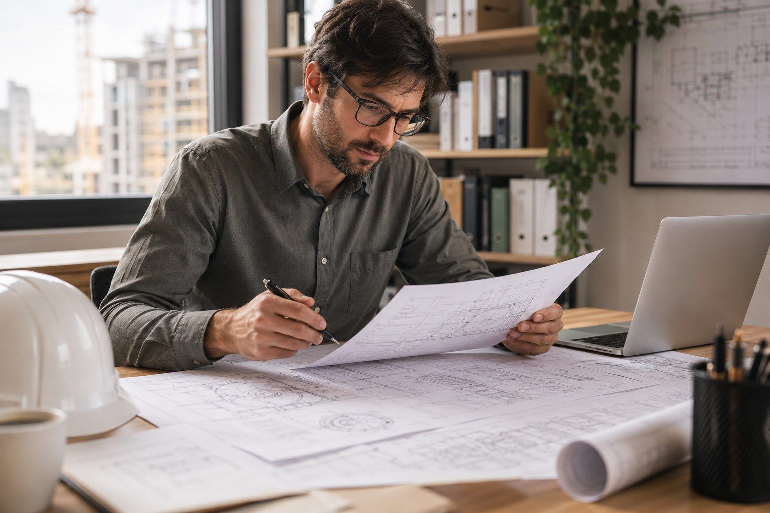 Profesional trabajando con planos de ingeniería
