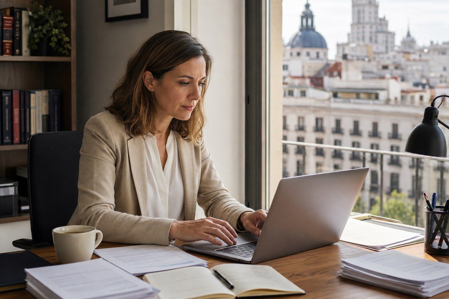 Profesional trabajando con Madrid al fondo