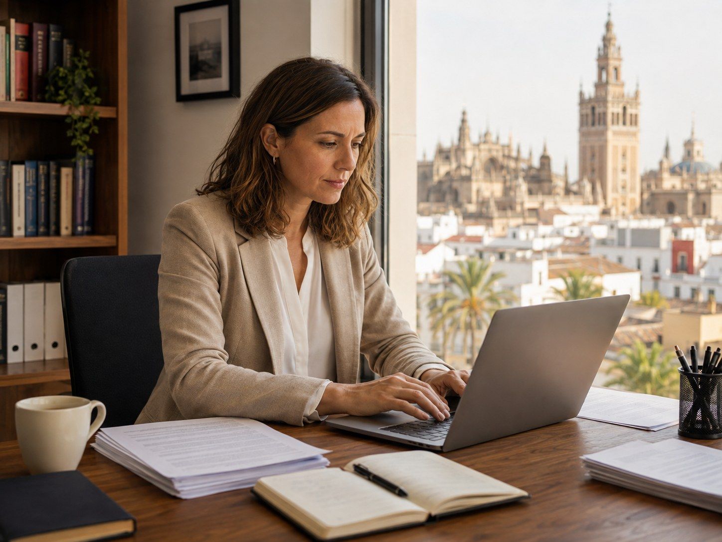 Profesional trabajando con Sevilla al fondo
