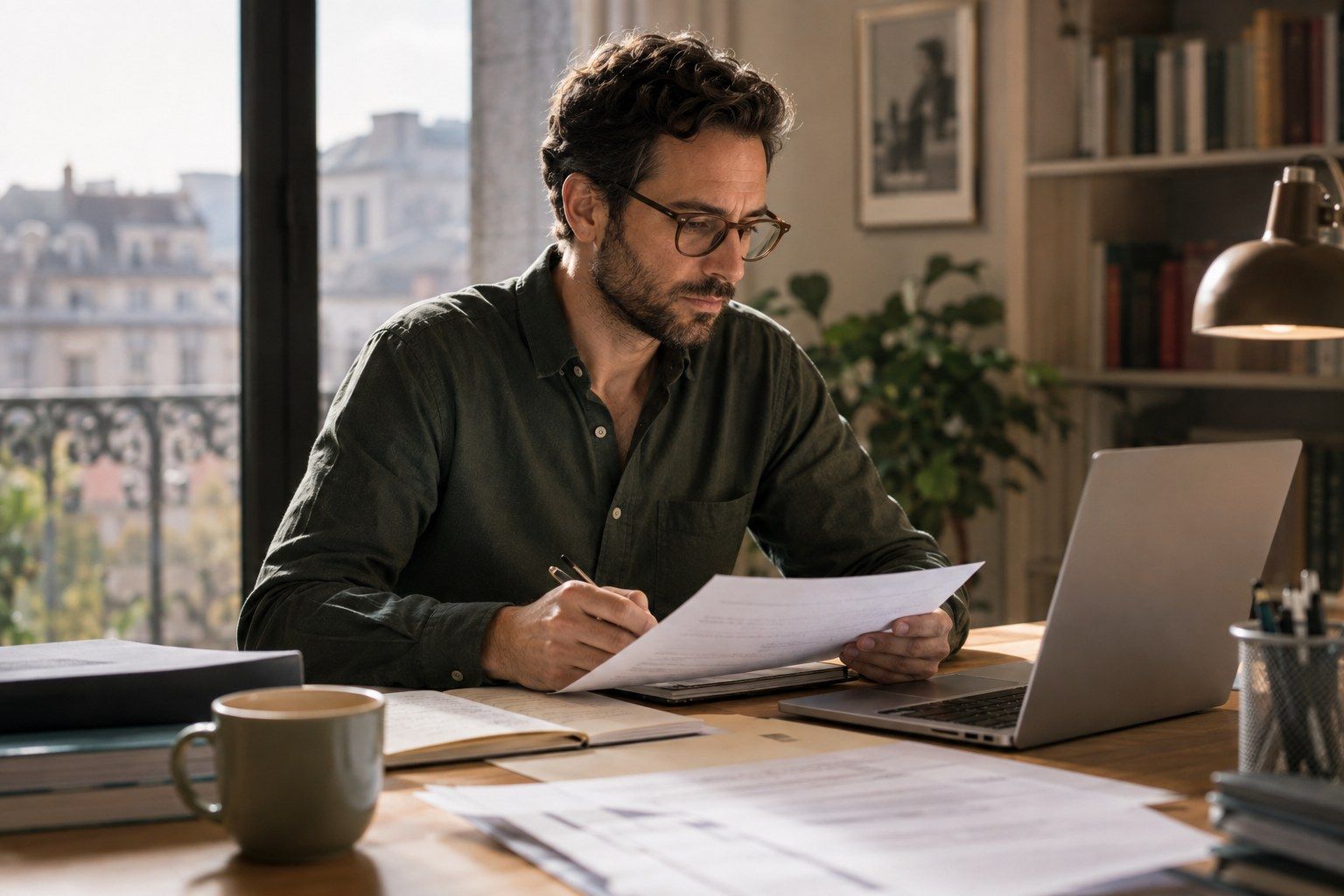 Mesa de trabajo con documentación profesional